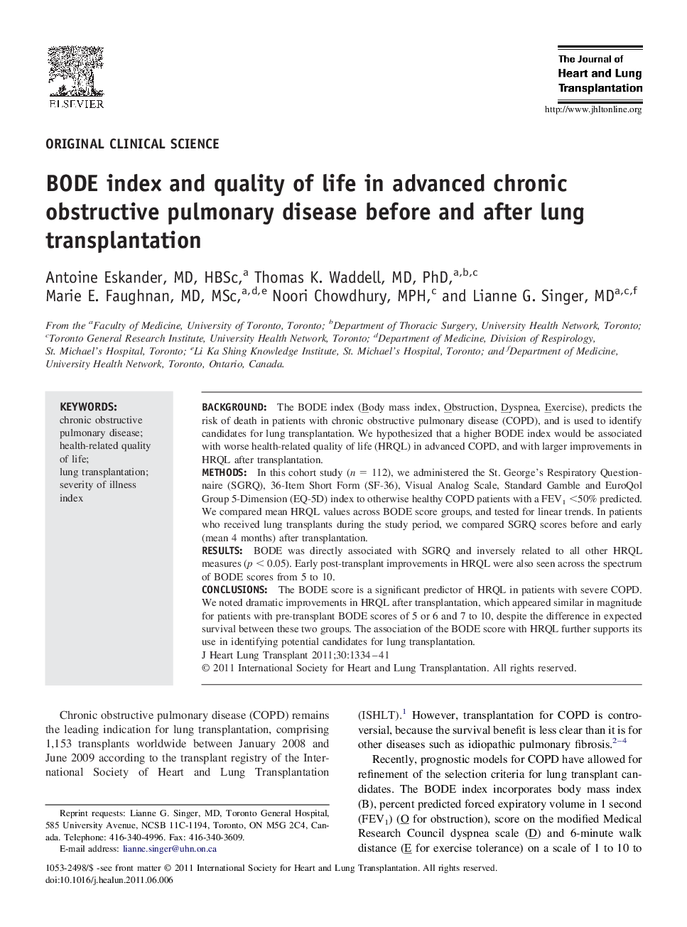 BODE index and quality of life in advanced chronic obstructive pulmonary disease before and after lung transplantation