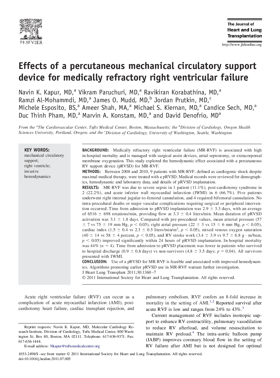 Effects of a percutaneous mechanical circulatory support device for medically refractory right ventricular failure