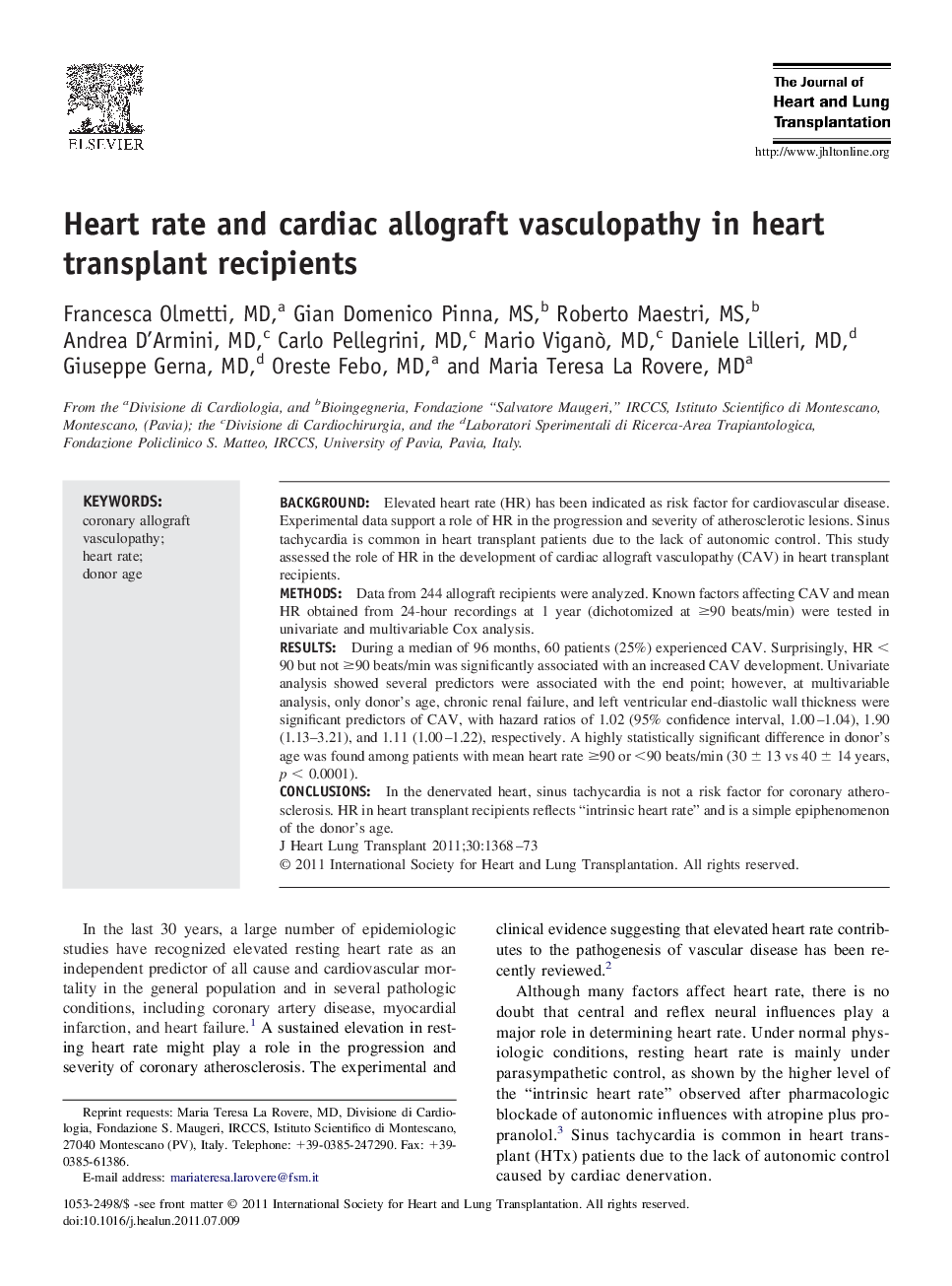 Heart rate and cardiac allograft vasculopathy in heart transplant recipients