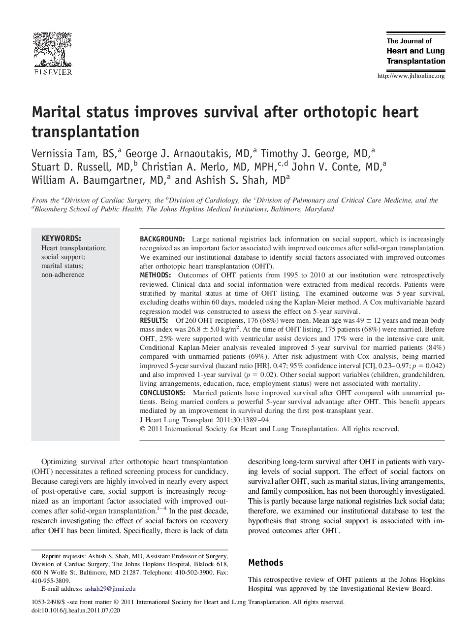 Marital status improves survival after orthotopic heart transplantation