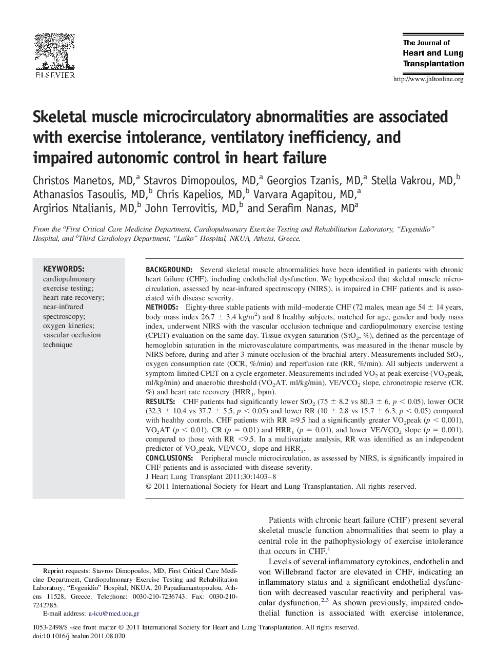 Skeletal muscle microcirculatory abnormalities are associated with exercise intolerance, ventilatory inefficiency, and impaired autonomic control in heart failure