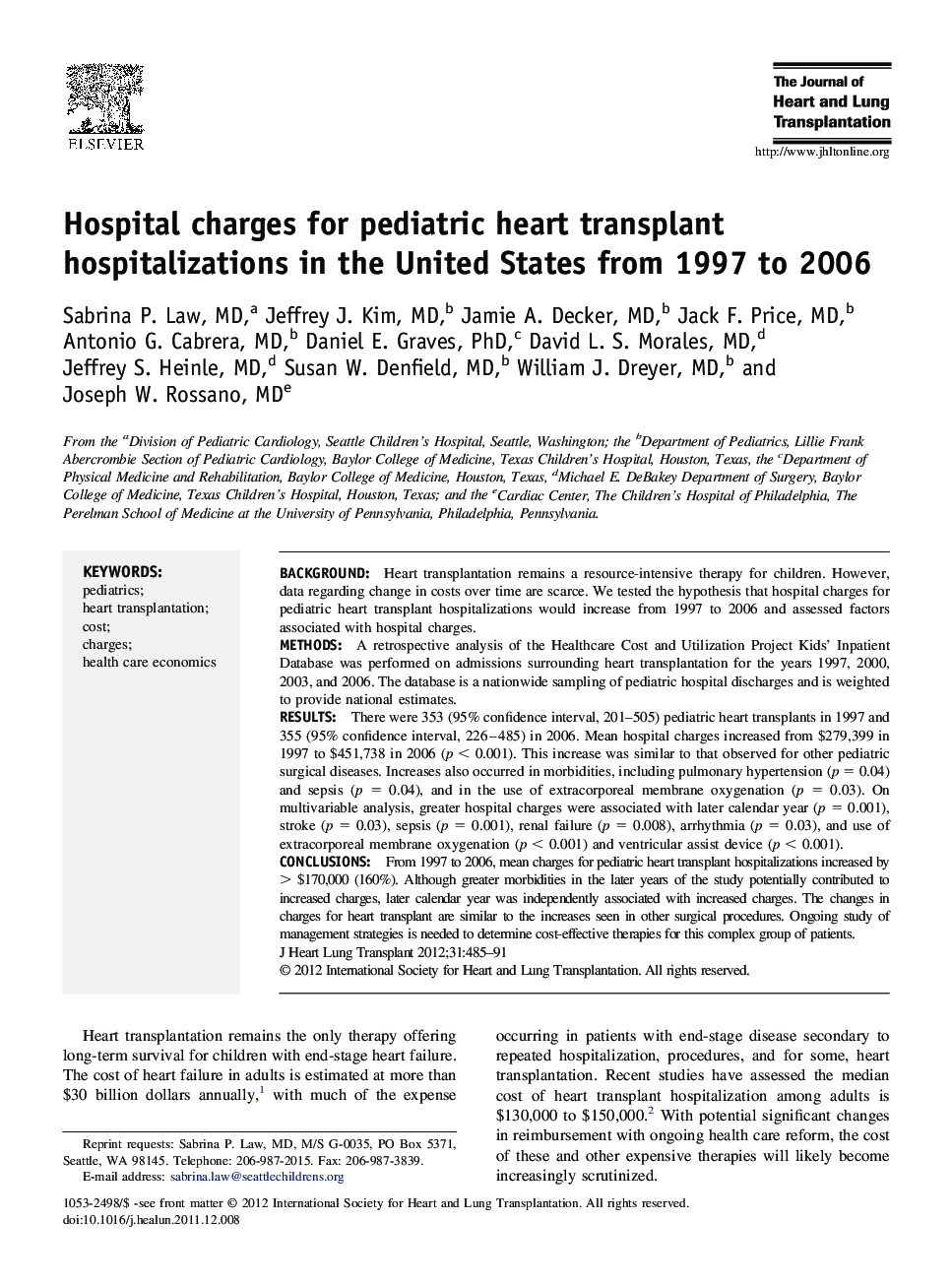 Hospital charges for pediatric heart transplant hospitalizations in the United States from 1997 to 2006