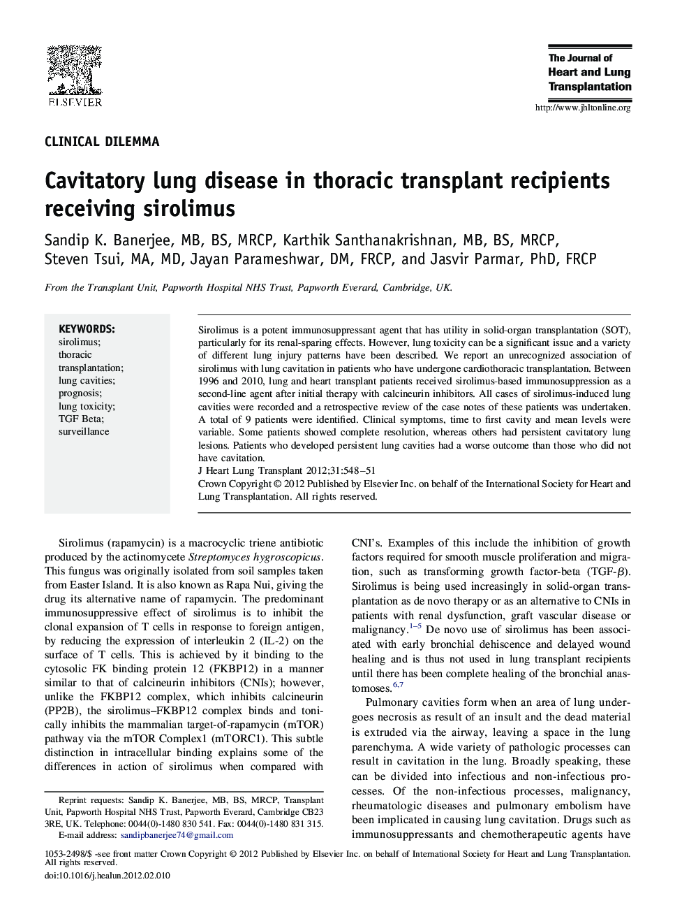 Cavitatory lung disease in thoracic transplant recipients receiving sirolimus