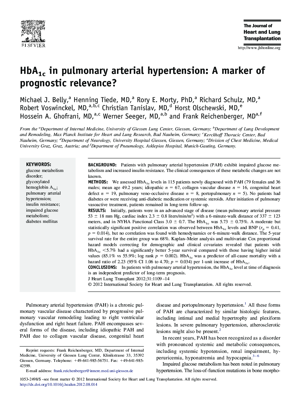 HbA1c in pulmonary arterial hypertension: A marker of prognostic relevance?