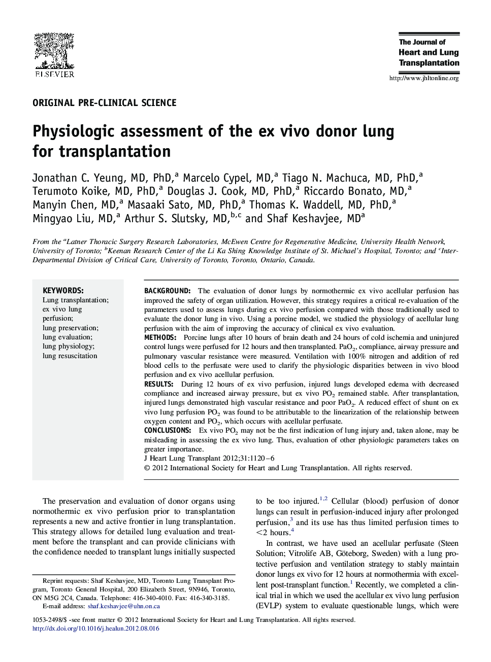 Physiologic assessment of the ex vivo donor lung for transplantation