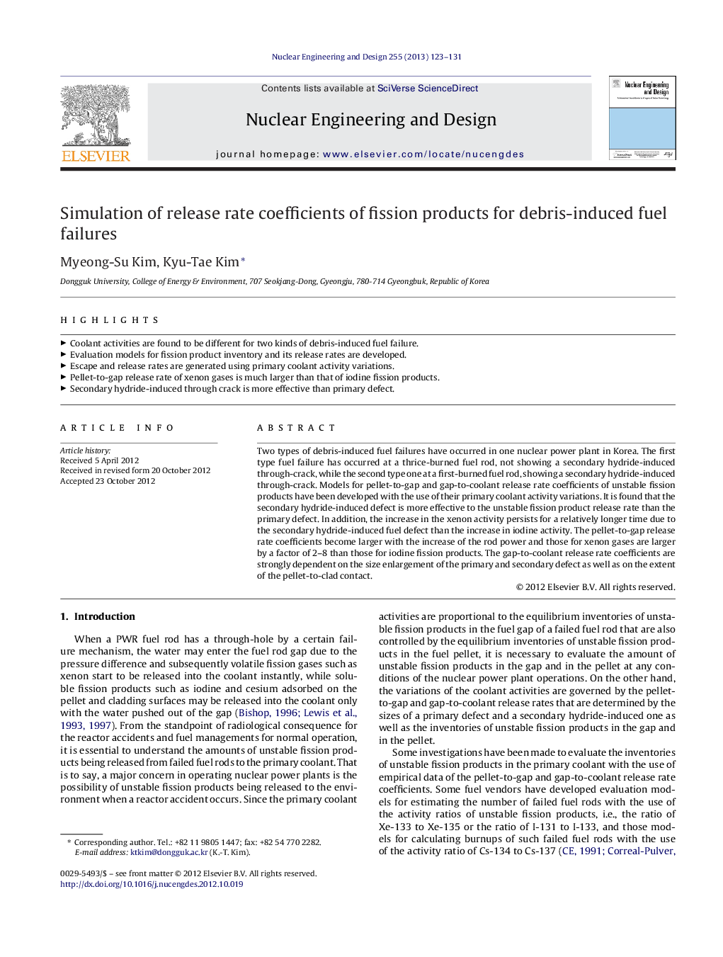 عکس صفحه اول مقاله: Simulation of release rate coefficients of fission products for debris-induced fuel failures Simulation of release rate coefficients of fission products for debris-induced fuel failures