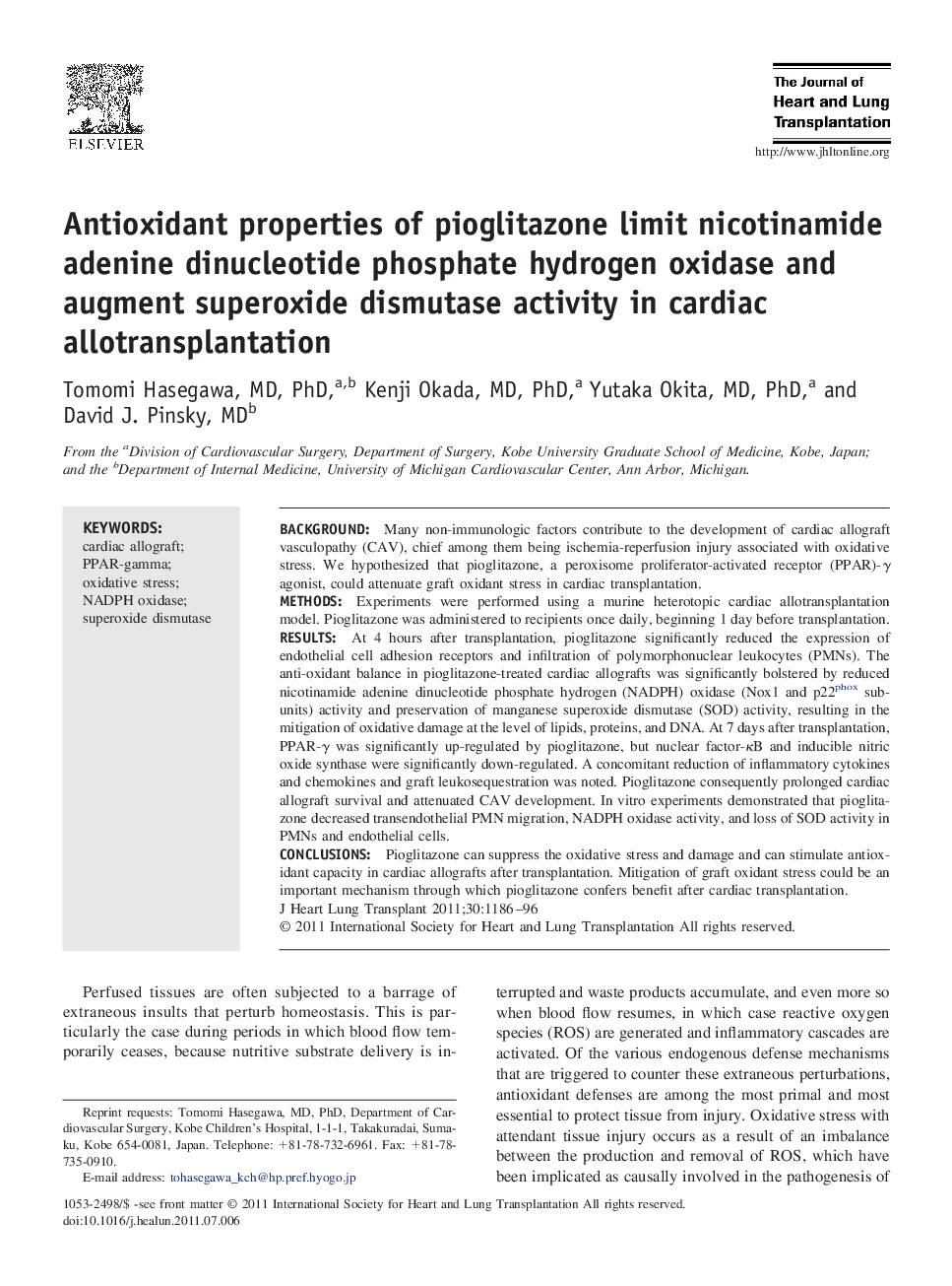 Antioxidant properties of pioglitazone limit nicotinamide adenine dinucleotide phosphate hydrogen oxidase and augment superoxide dismutase activity in cardiac allotransplantation