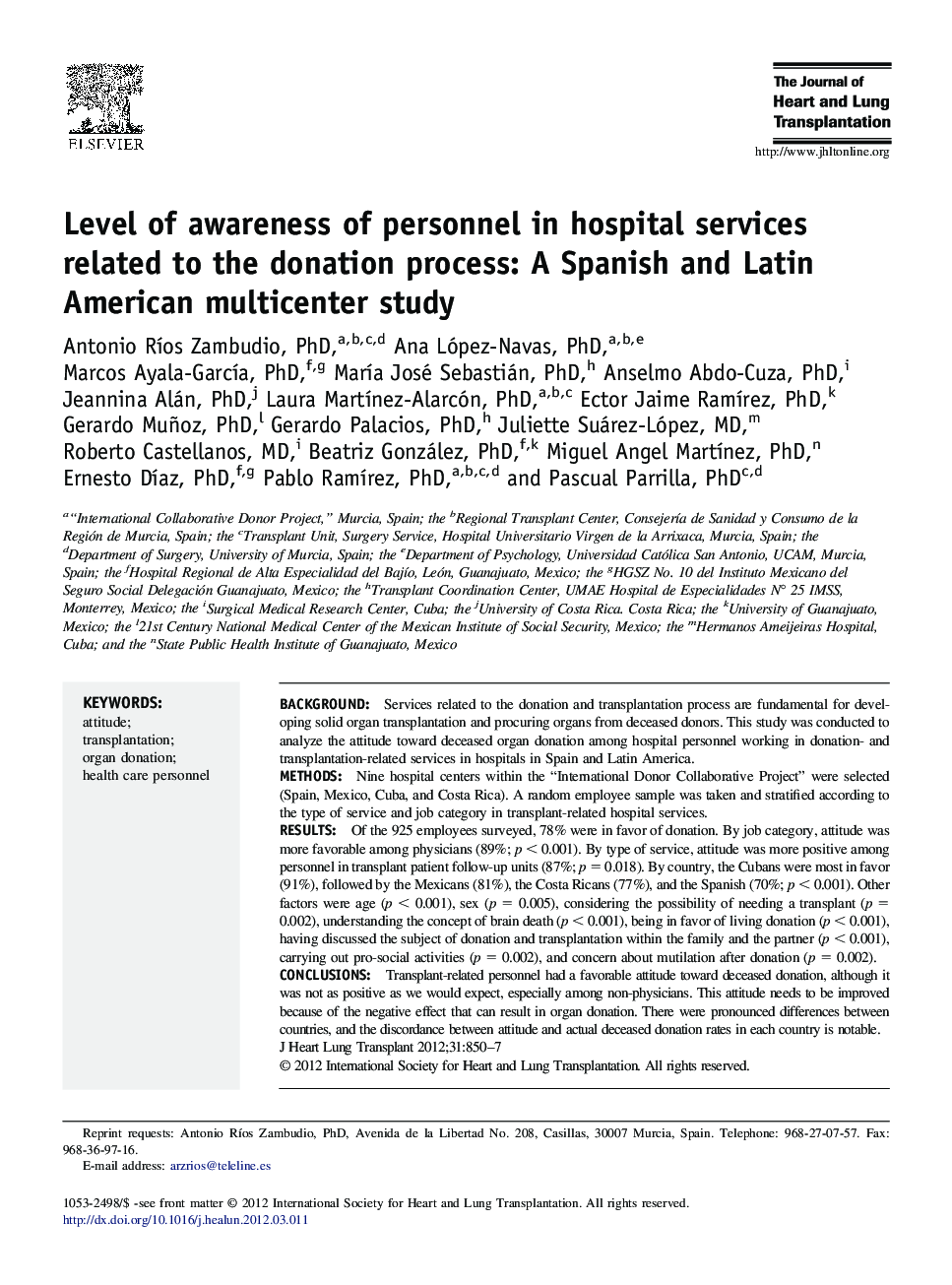 Level of awareness of personnel in hospital services related to the donation process: A Spanish and Latin American multicenter study