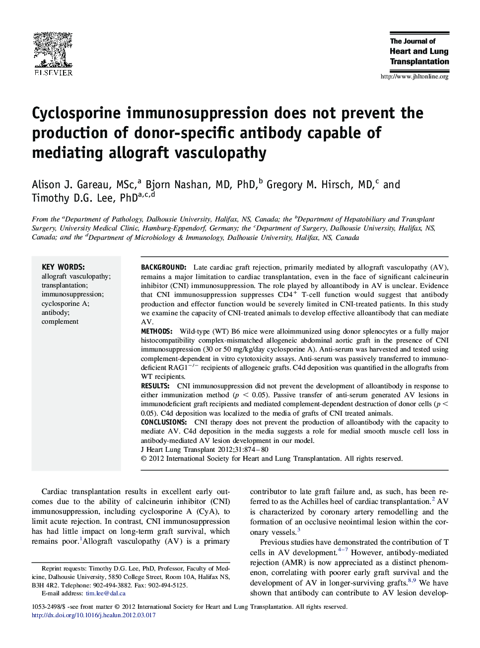Cyclosporine immunosuppression does not prevent the production of donor-specific antibody capable of mediating allograft vasculopathy