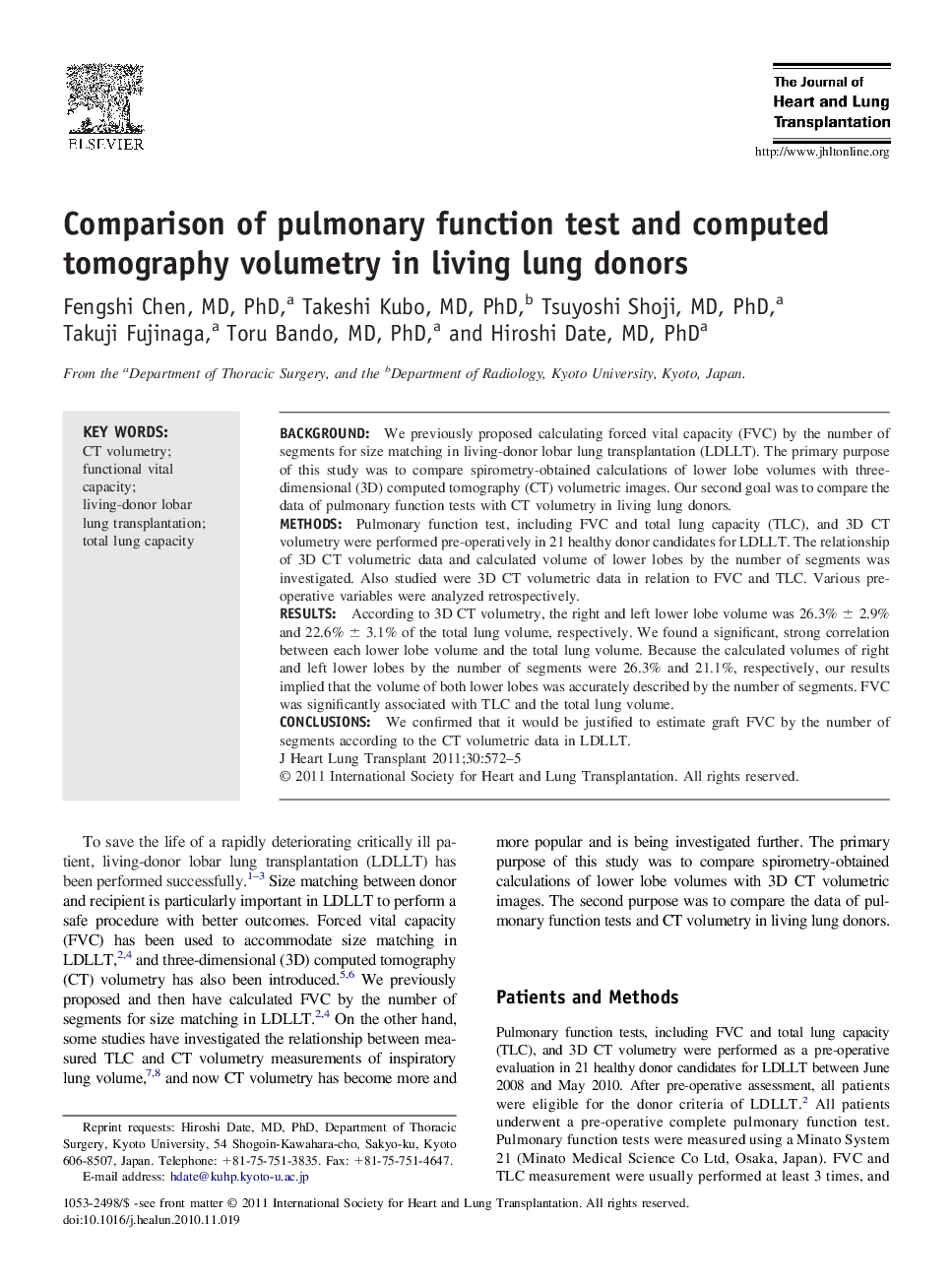 Comparison of pulmonary function test and computed tomography volumetry in living lung donors