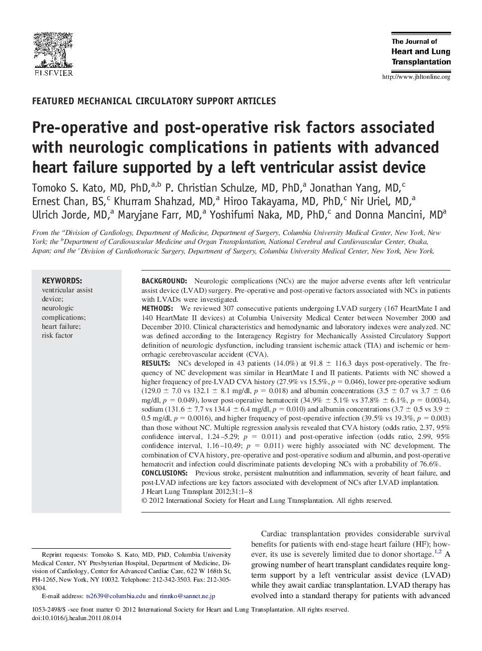 Pre-operative and post-operative risk factors associated with neurologic complications in patients with advanced heart failure supported by a left ventricular assist device