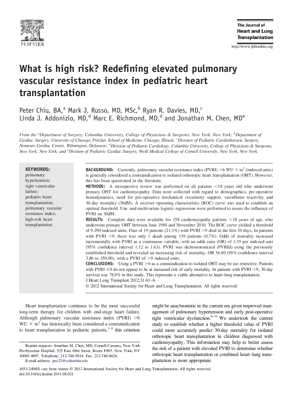 What is high risk? Redefining elevated pulmonary vascular resistance index in pediatric heart transplantation