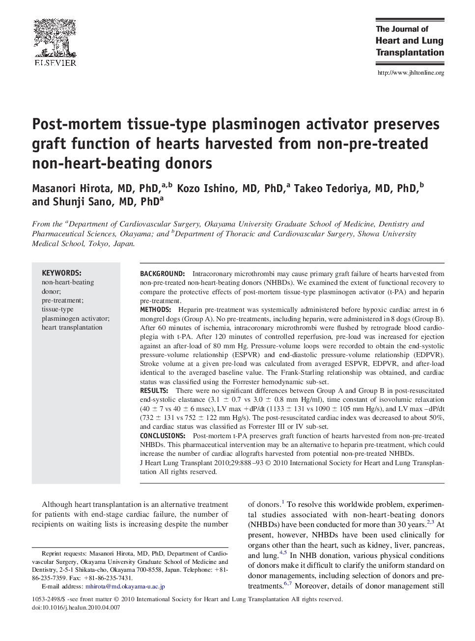 Post-mortem tissue-type plasminogen activator preserves graft function of hearts harvested from non-pre-treated non-heart-beating donors