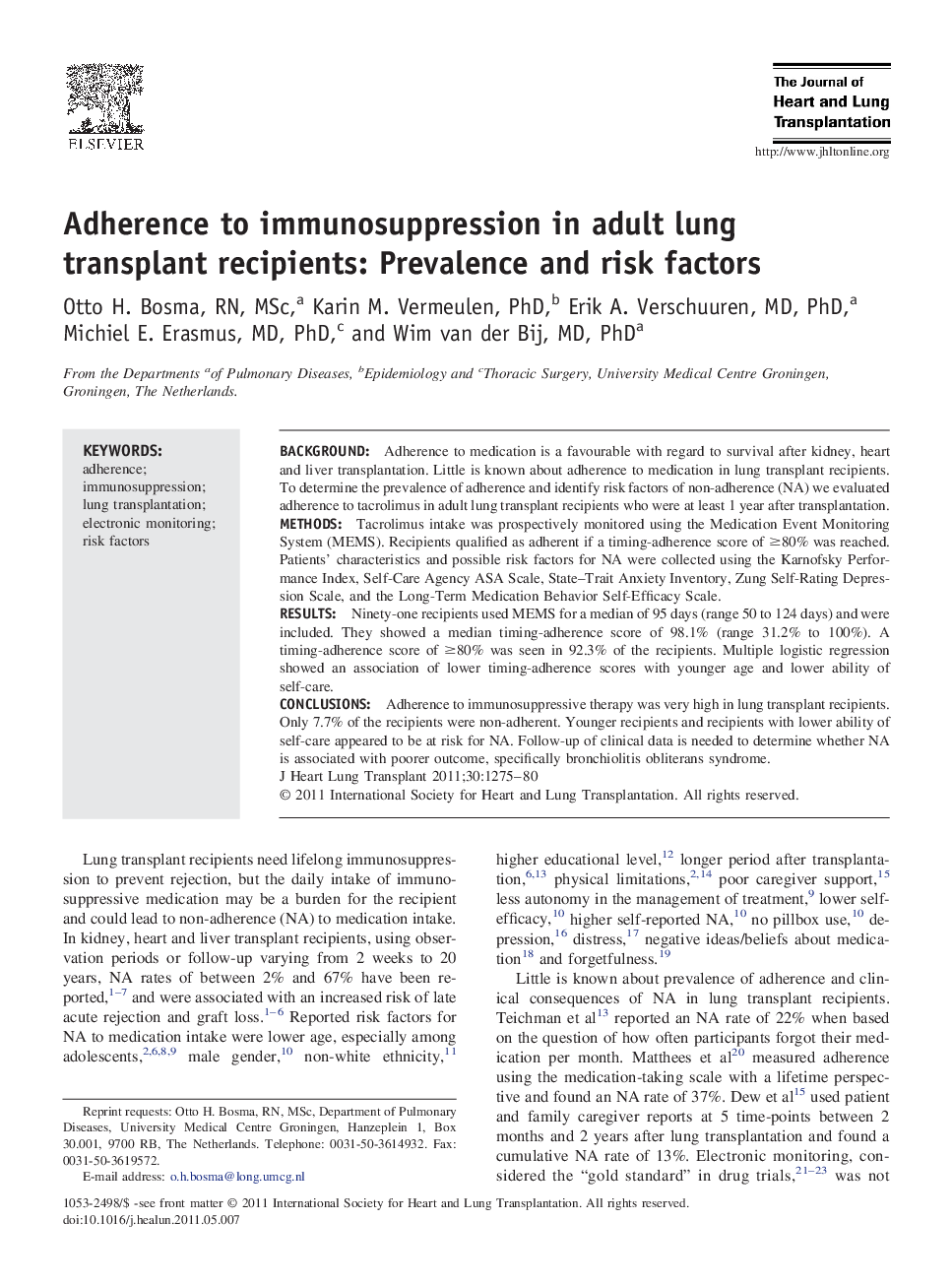 Adherence to immunosuppression in adult lung transplant recipients: Prevalence and risk factors