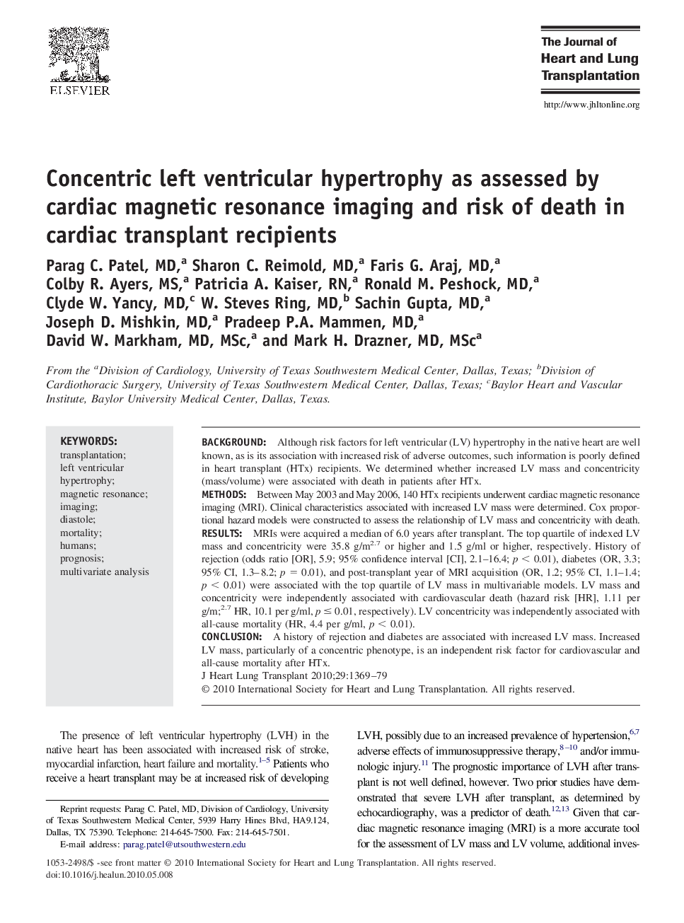 Concentric left ventricular hypertrophy as assessed by cardiac magnetic resonance imaging and risk of death in cardiac transplant recipients
