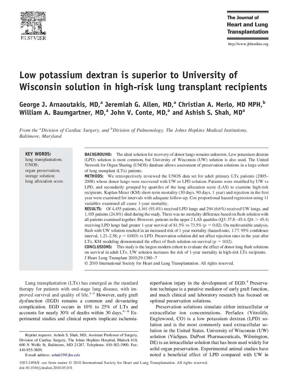 Low potassium dextran is superior to University of Wisconsin solution in high-risk lung transplant recipients