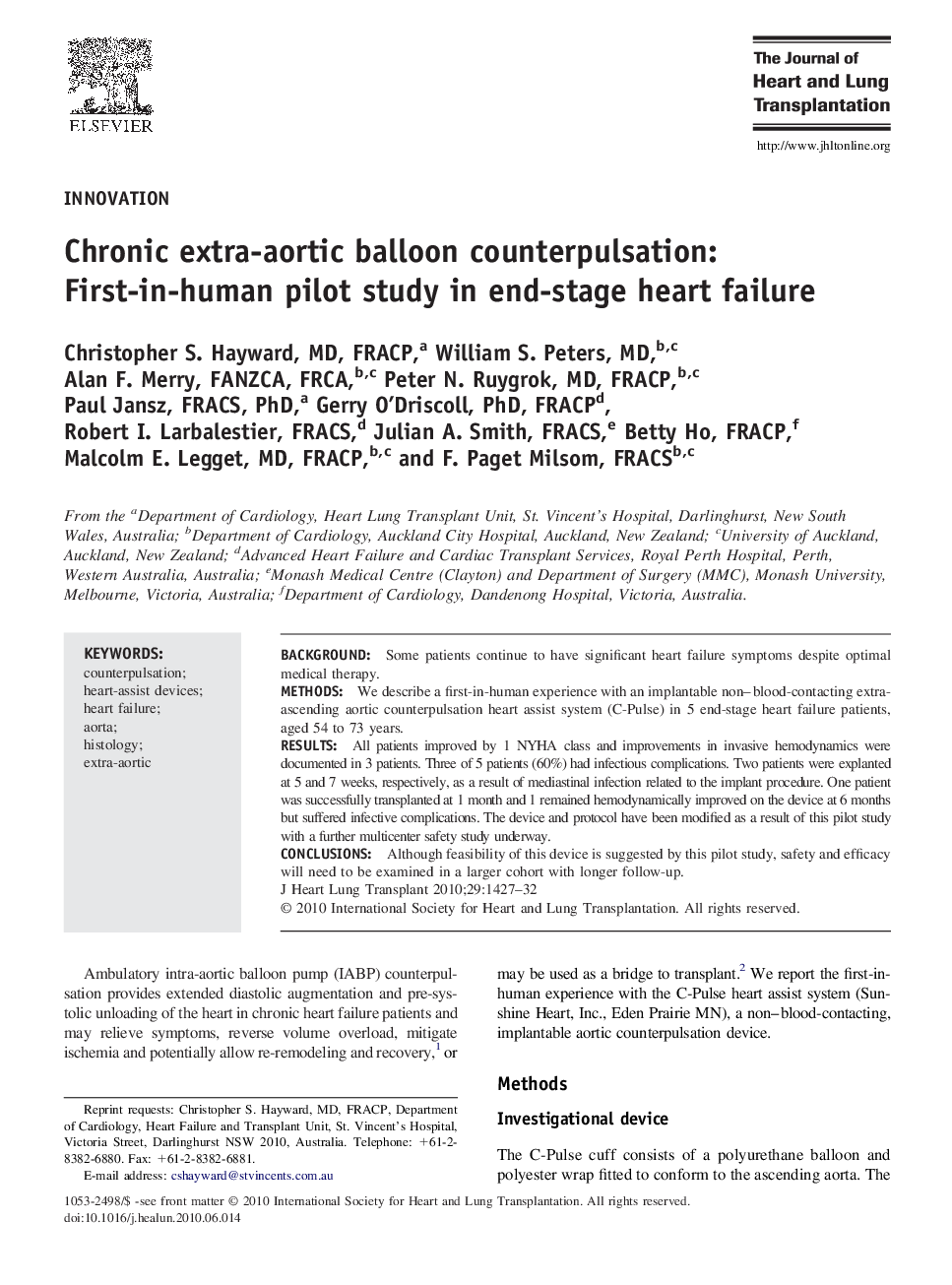 Chronic extra-aortic balloon counterpulsation: First-in-human pilot study in end-stage heart failure