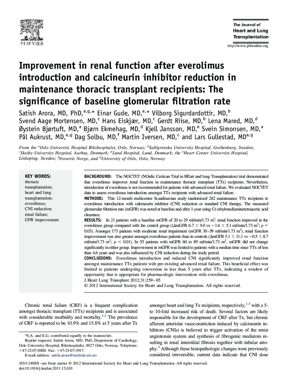 Improvement in renal function after everolimus introduction and calcineurin inhibitor reduction in maintenance thoracic transplant recipients: The significance of baseline glomerular filtration rate