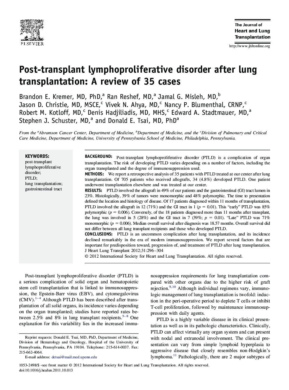 Post-transplant lymphoproliferative disorder after lung transplantation: A review of 35 cases