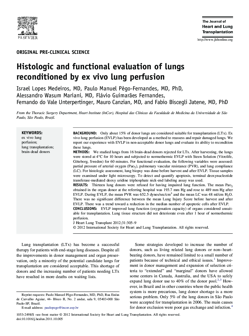 Histologic and functional evaluation of lungs reconditioned by ex vivo lung perfusion