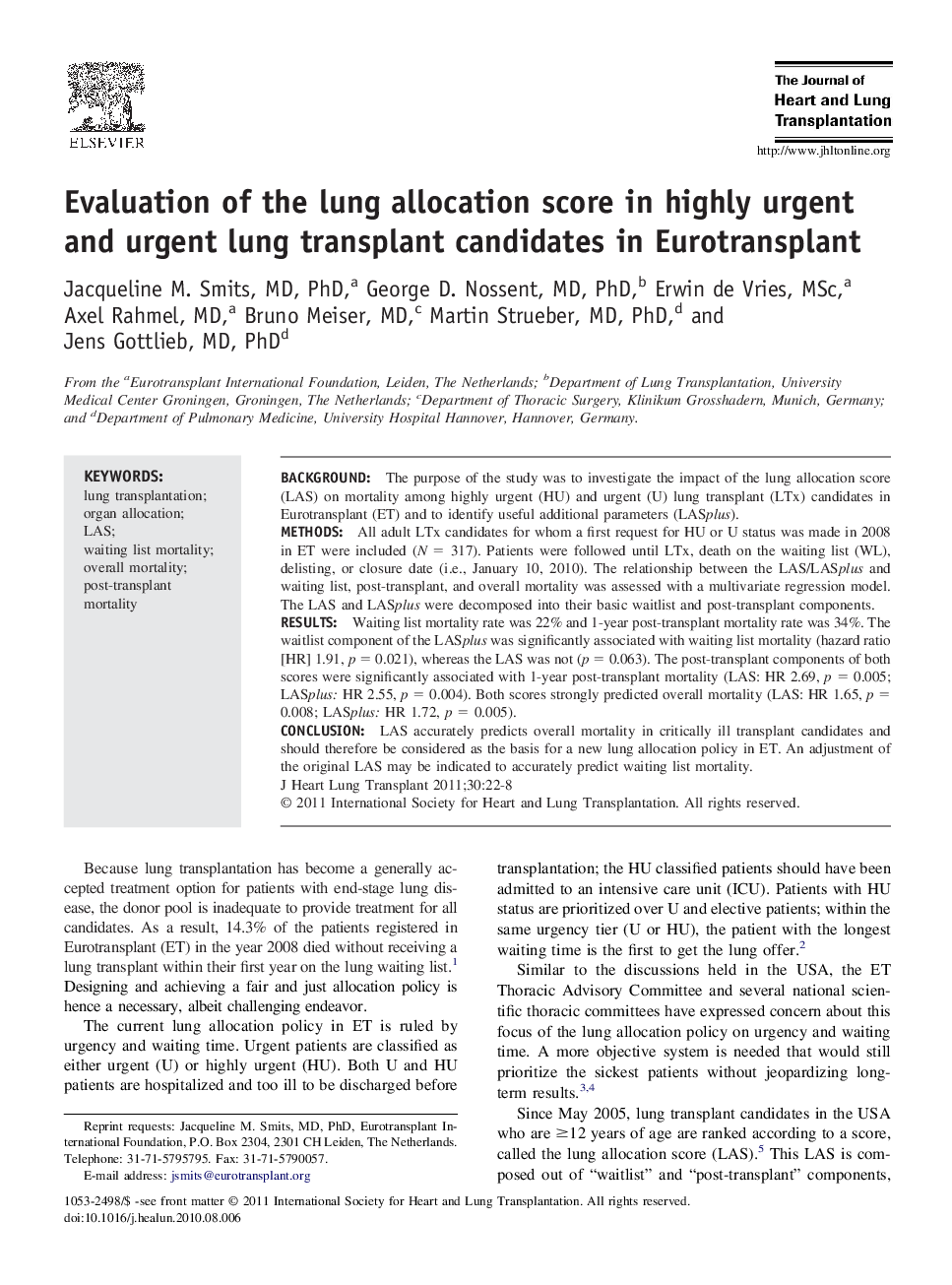 Evaluation of the lung allocation score in highly urgent and urgent lung transplant candidates in Eurotransplant