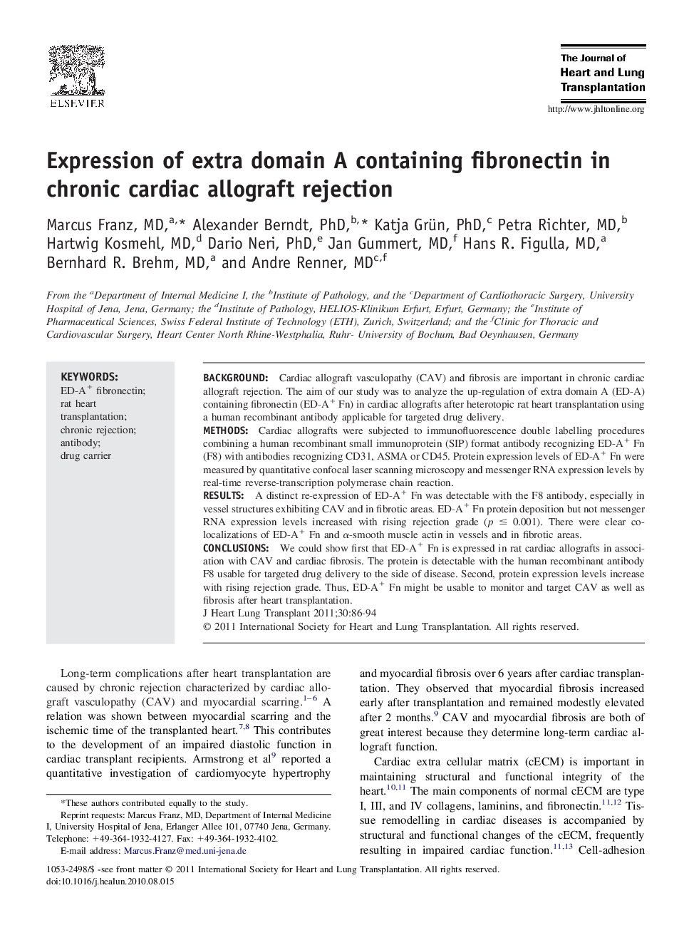 Expression of extra domain A containing fibronectin in chronic cardiac allograft rejection