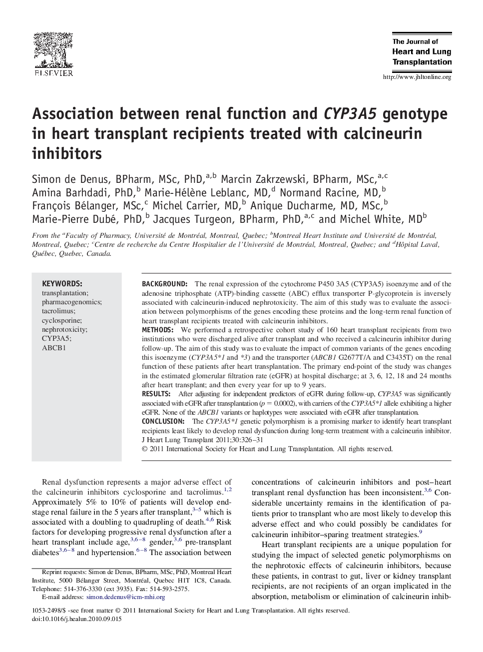 Association between renal function and CYP3A5 genotype in heart transplant recipients treated with calcineurin inhibitors