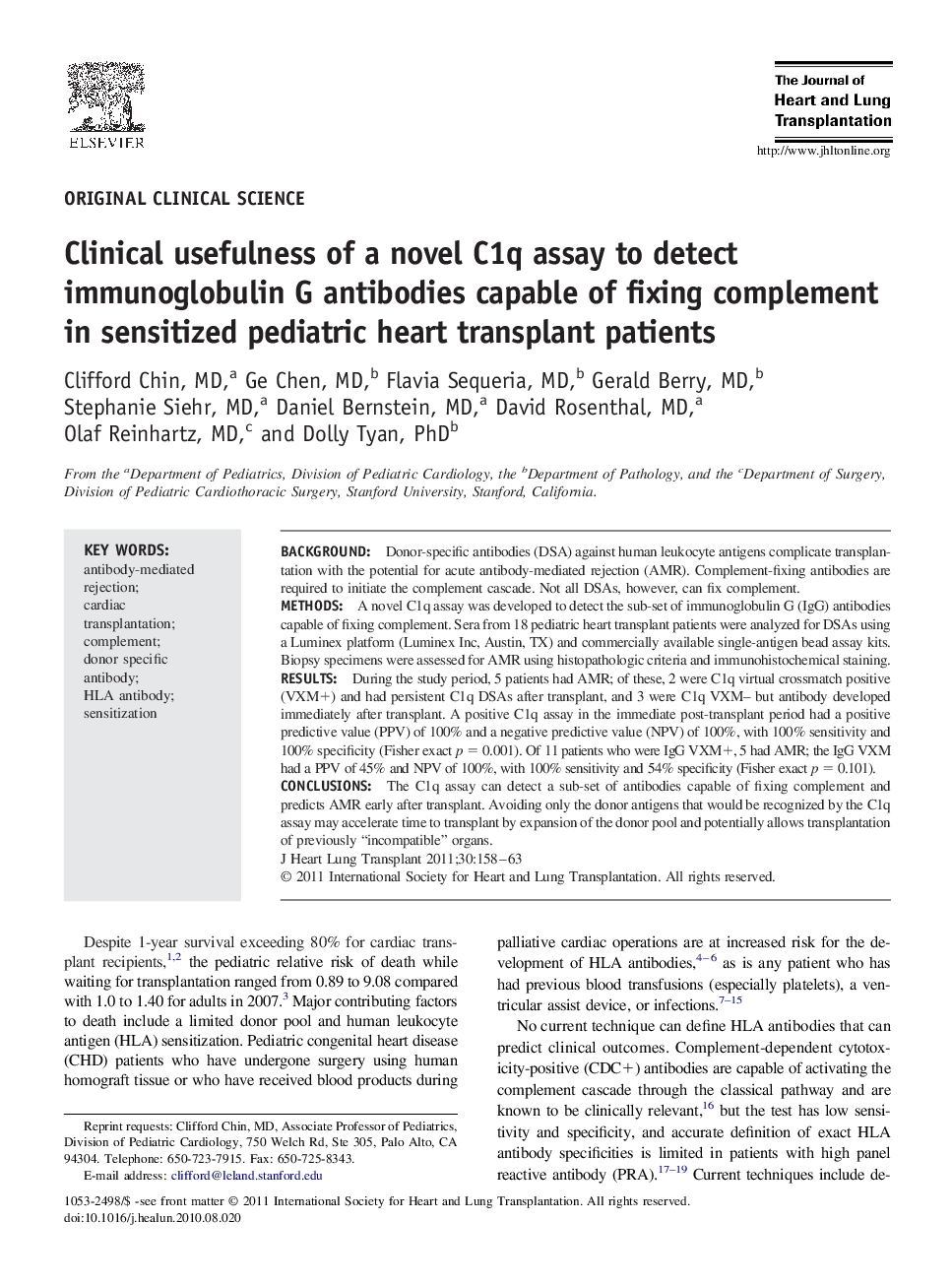 Clinical usefulness of a novel C1q assay to detect immunoglobulin G antibodies capable of fixing complement in sensitized pediatric heart transplant patients