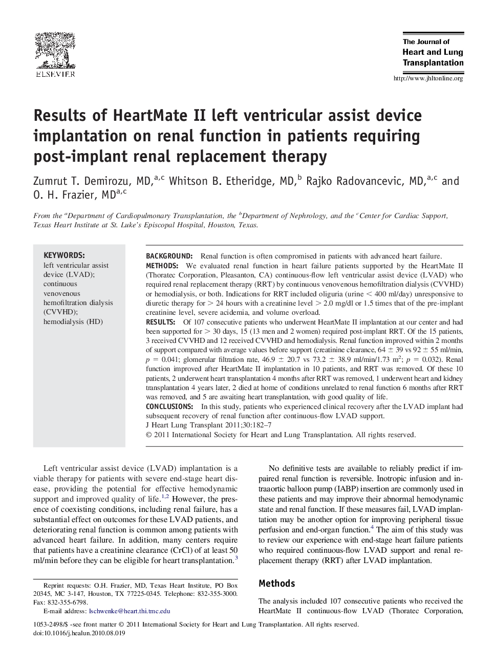 Results of HeartMate II left ventricular assist device implantation on renal function in patients requiring post-implant renal replacement therapy