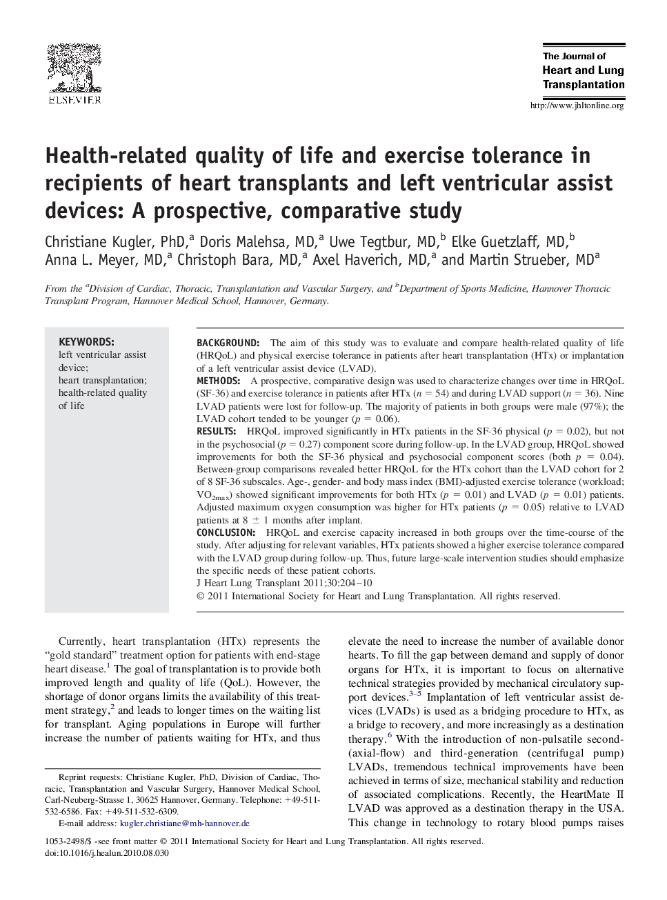 Health-related quality of life and exercise tolerance in recipients of heart transplants and left ventricular assist devices: A prospective, comparative study