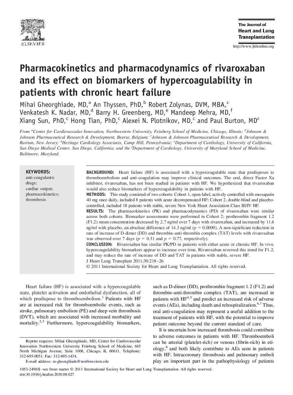 Pharmacokinetics and pharmacodynamics of rivaroxaban and its effect on biomarkers of hypercoagulability in patients with chronic heart failure