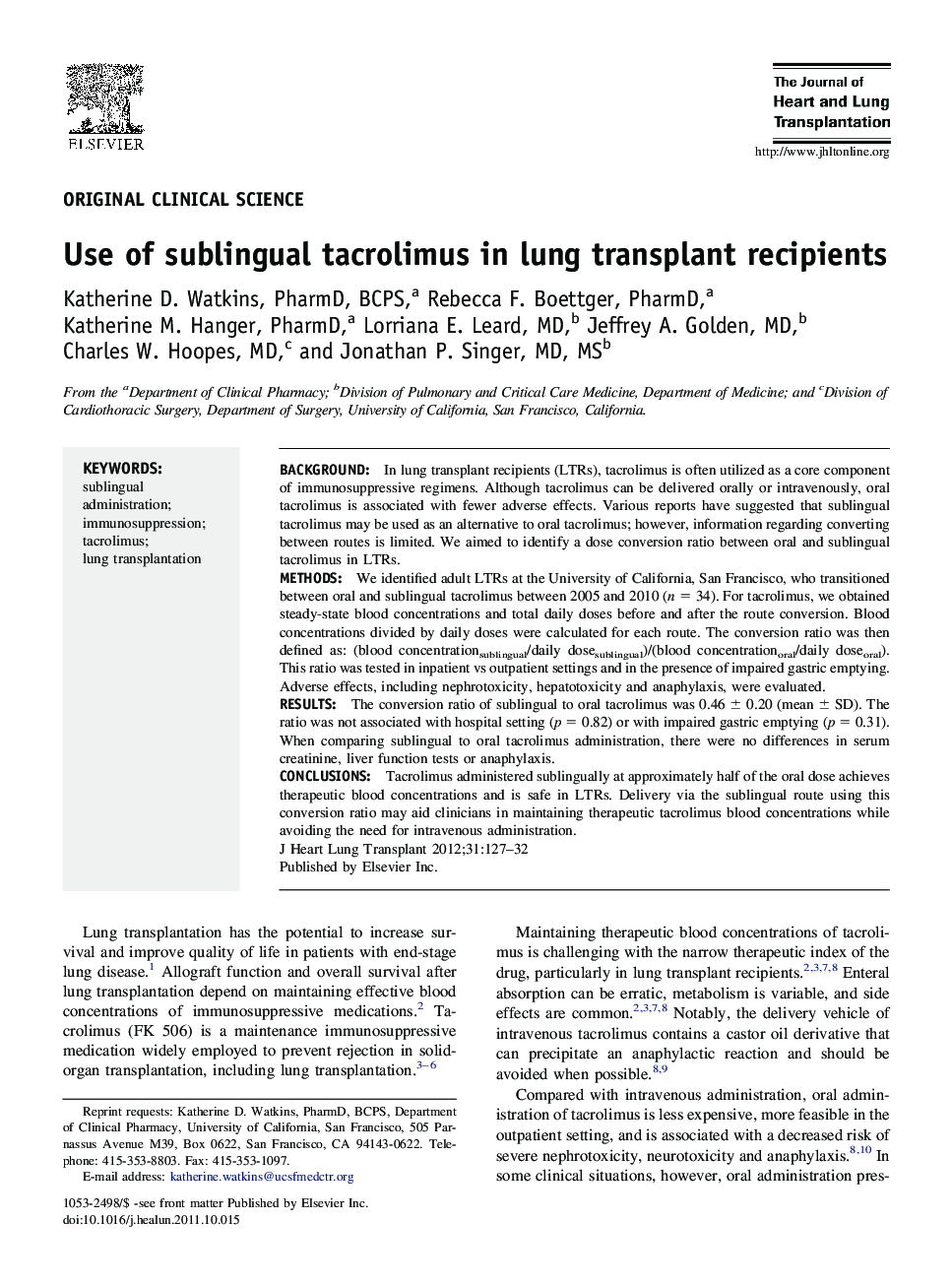 Use of sublingual tacrolimus in lung transplant recipients