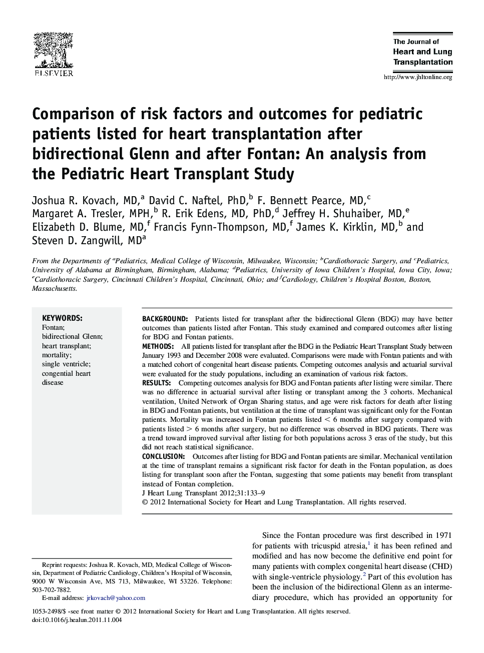 Comparison of risk factors and outcomes for pediatric patients listed for heart transplantation after bidirectional Glenn and after Fontan: An analysis from the Pediatric Heart Transplant Study