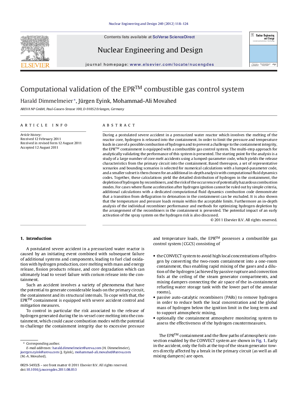 Computational validation of the EPR™ combustible gas control system