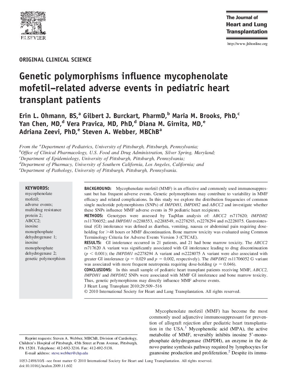 Genetic polymorphisms influence mycophenolate mofetil-related adverse events in pediatric heart transplant patients