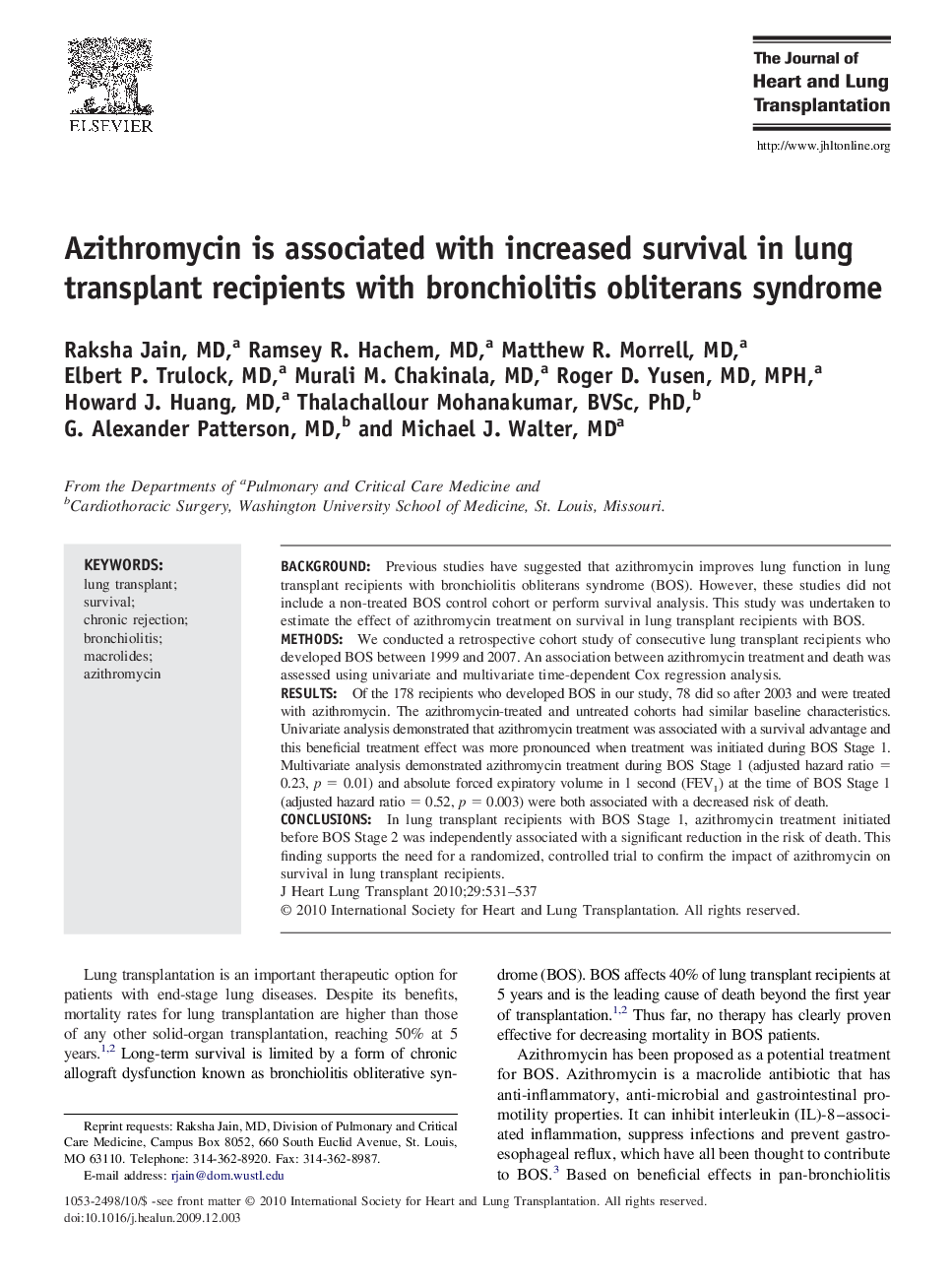 Azithromycin is associated with increased survival in lung transplant recipients with bronchiolitis obliterans syndrome