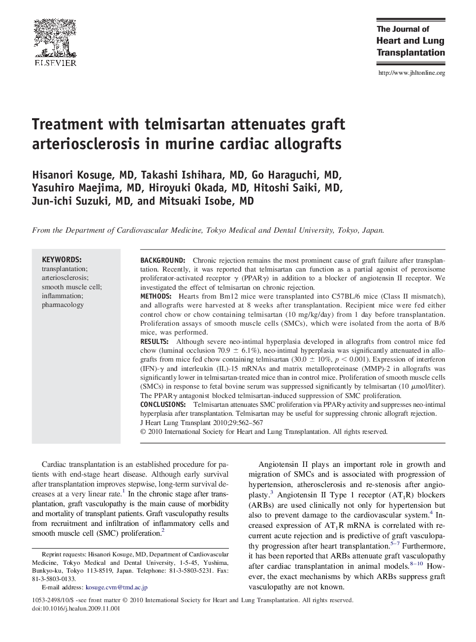 Treatment with telmisartan attenuates graft arteriosclerosis in murine cardiac allografts