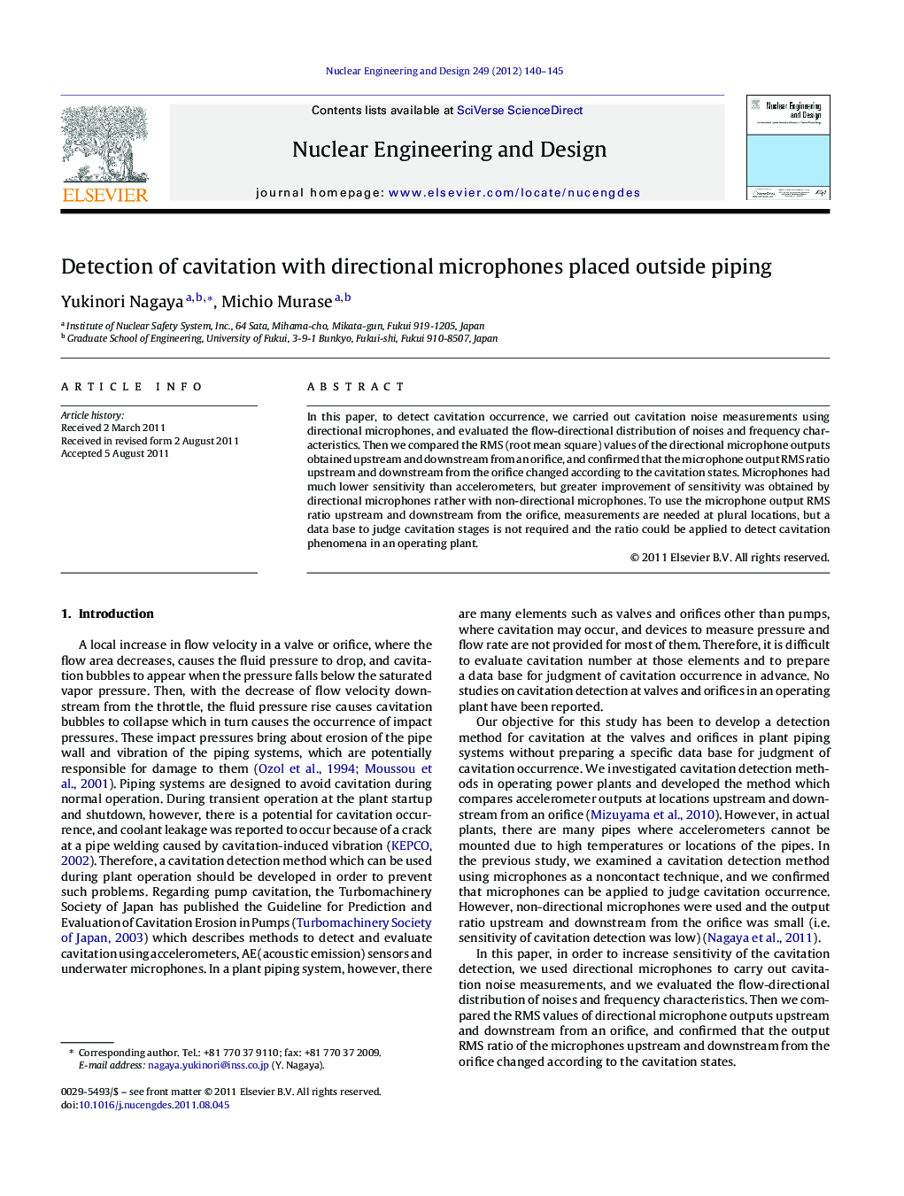 Detection of cavitation with directional microphones placed outside piping