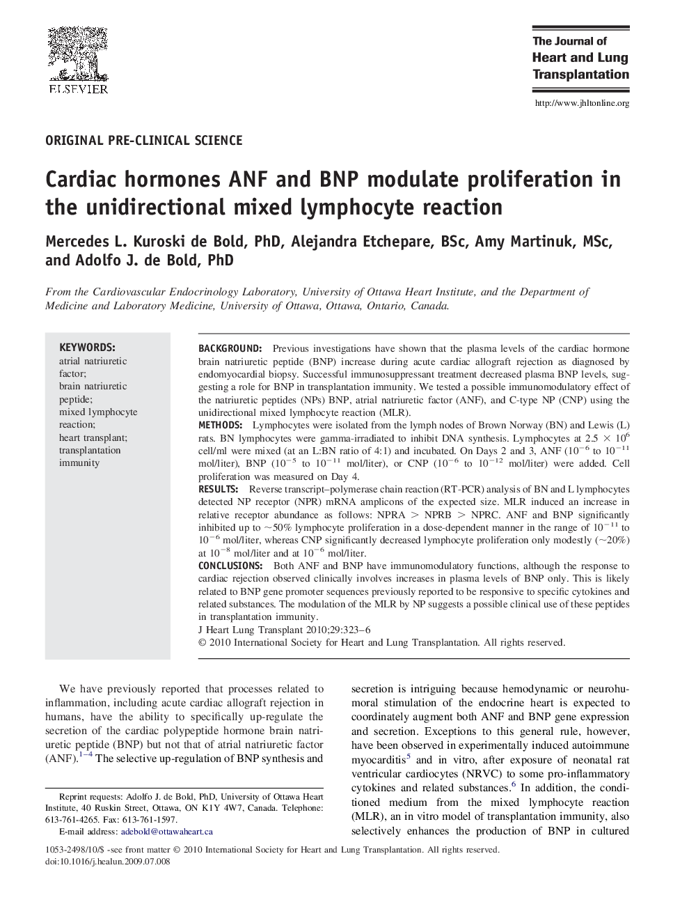 Cardiac hormones ANF and BNP modulate proliferation in the unidirectional mixed lymphocyte reaction