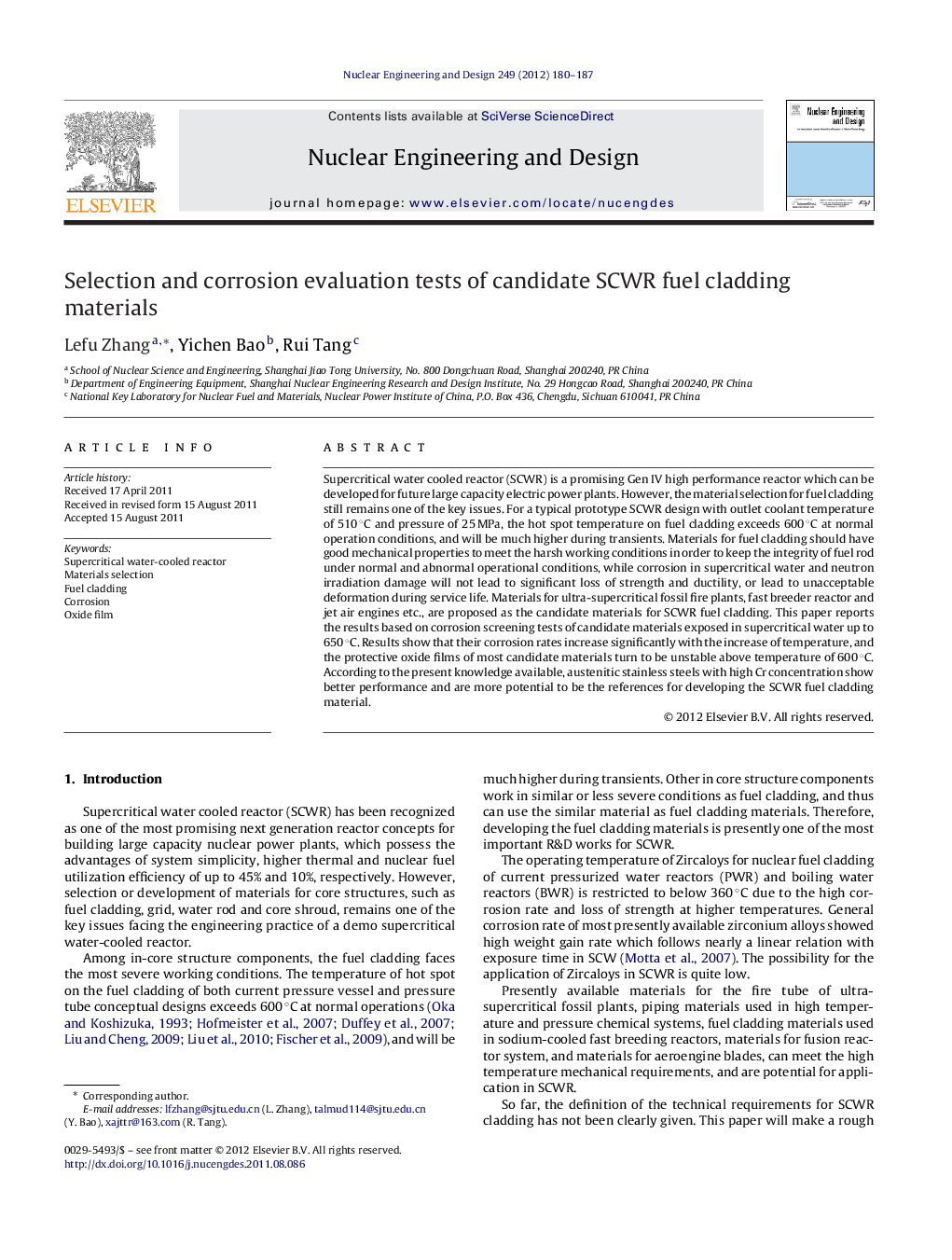 Selection and corrosion evaluation tests of candidate SCWR fuel cladding materials