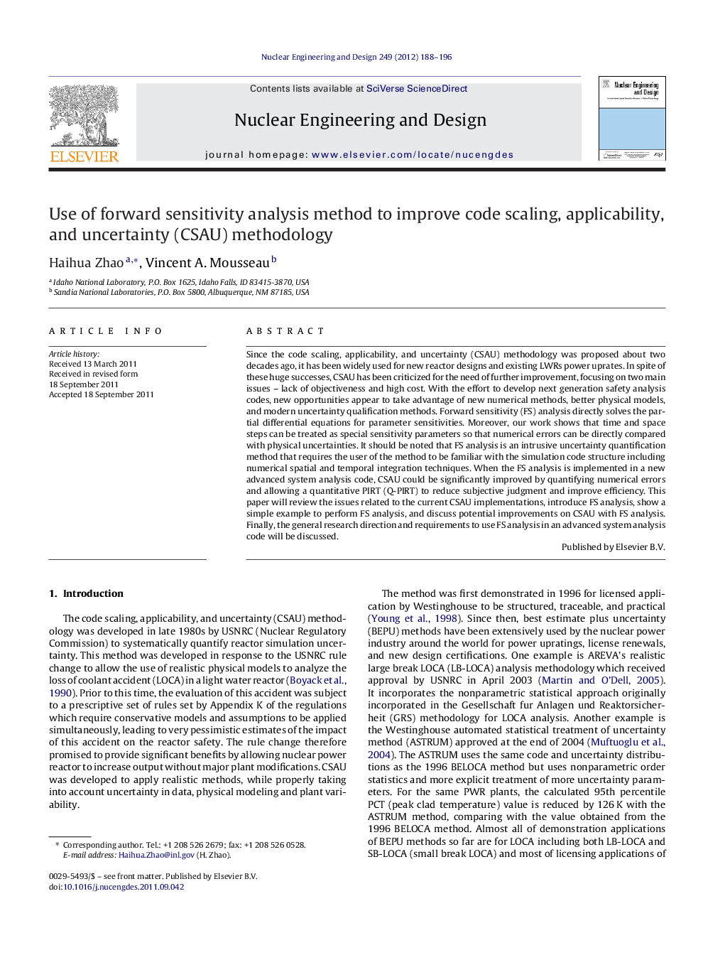 Use of forward sensitivity analysis method to improve code scaling, applicability, and uncertainty (CSAU) methodology
