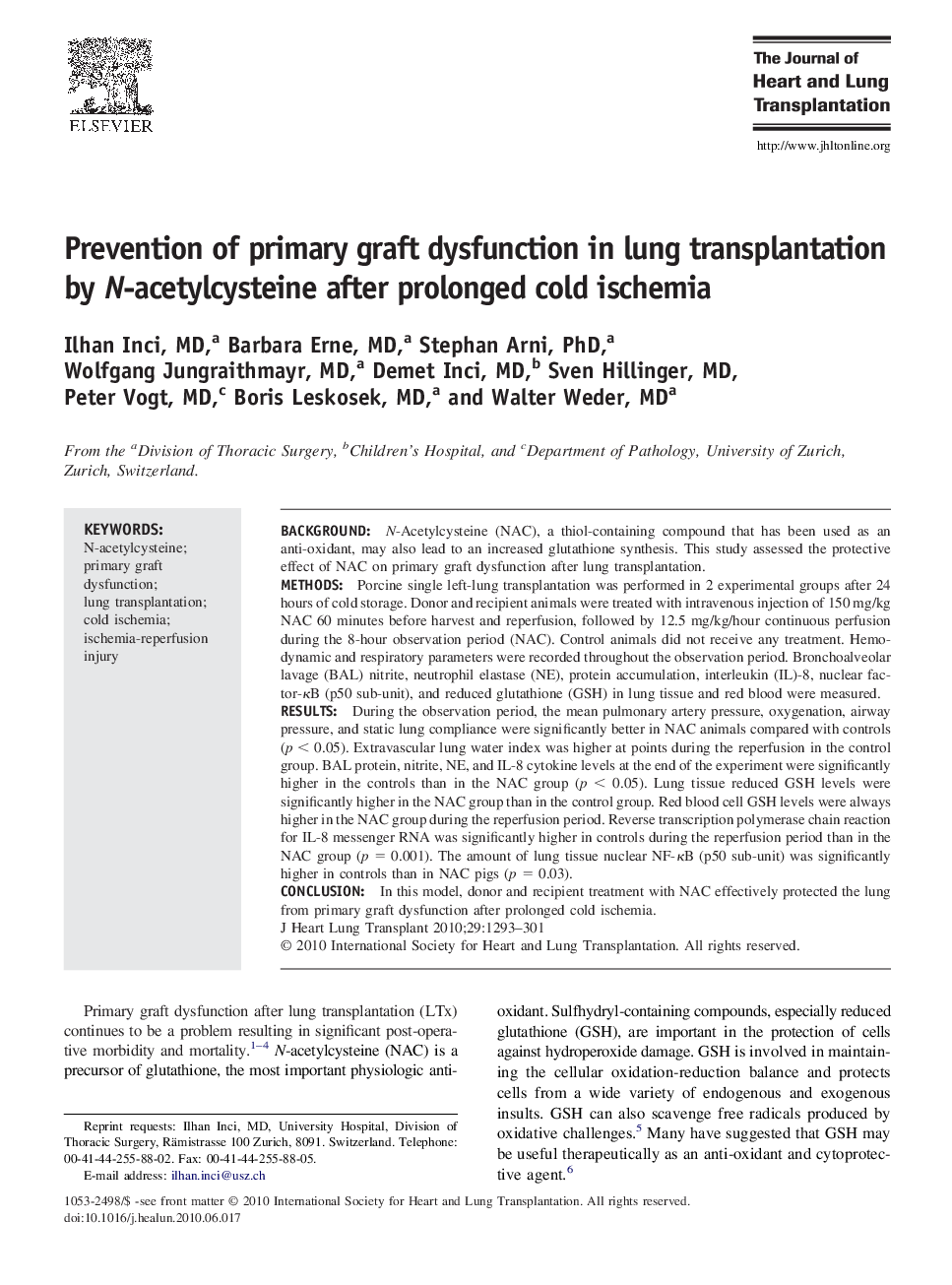 Prevention of primary graft dysfunction in lung transplantation by N-acetylcysteine after prolonged cold ischemia