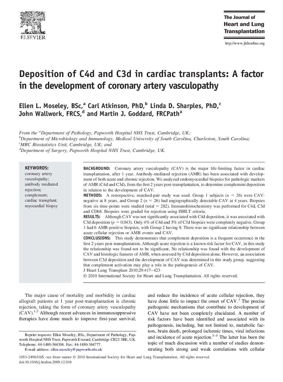 Deposition of C4d and C3d in cardiac transplants: A factor in the development of coronary artery vasculopathy