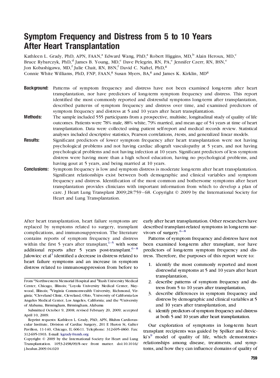 Symptom Frequency and Distress from 5 to 10 Years After Heart Transplantation