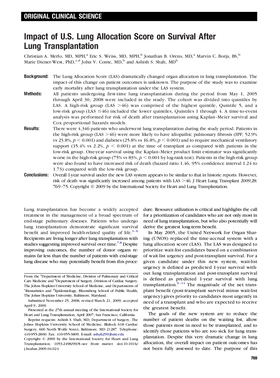 Impact of U.S. Lung Allocation Score on Survival After Lung Transplantation