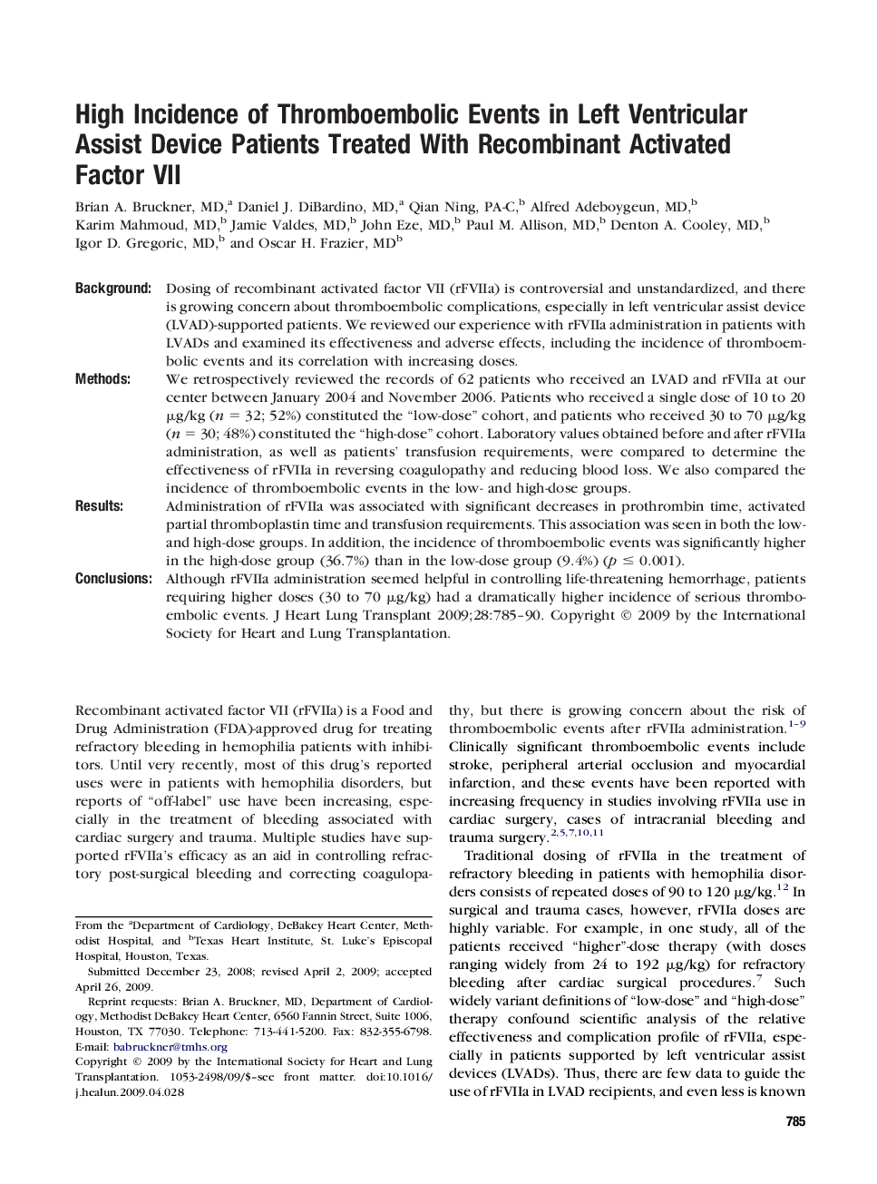High Incidence of Thromboembolic Events in Left Ventricular Assist Device Patients Treated With Recombinant Activated Factor VII