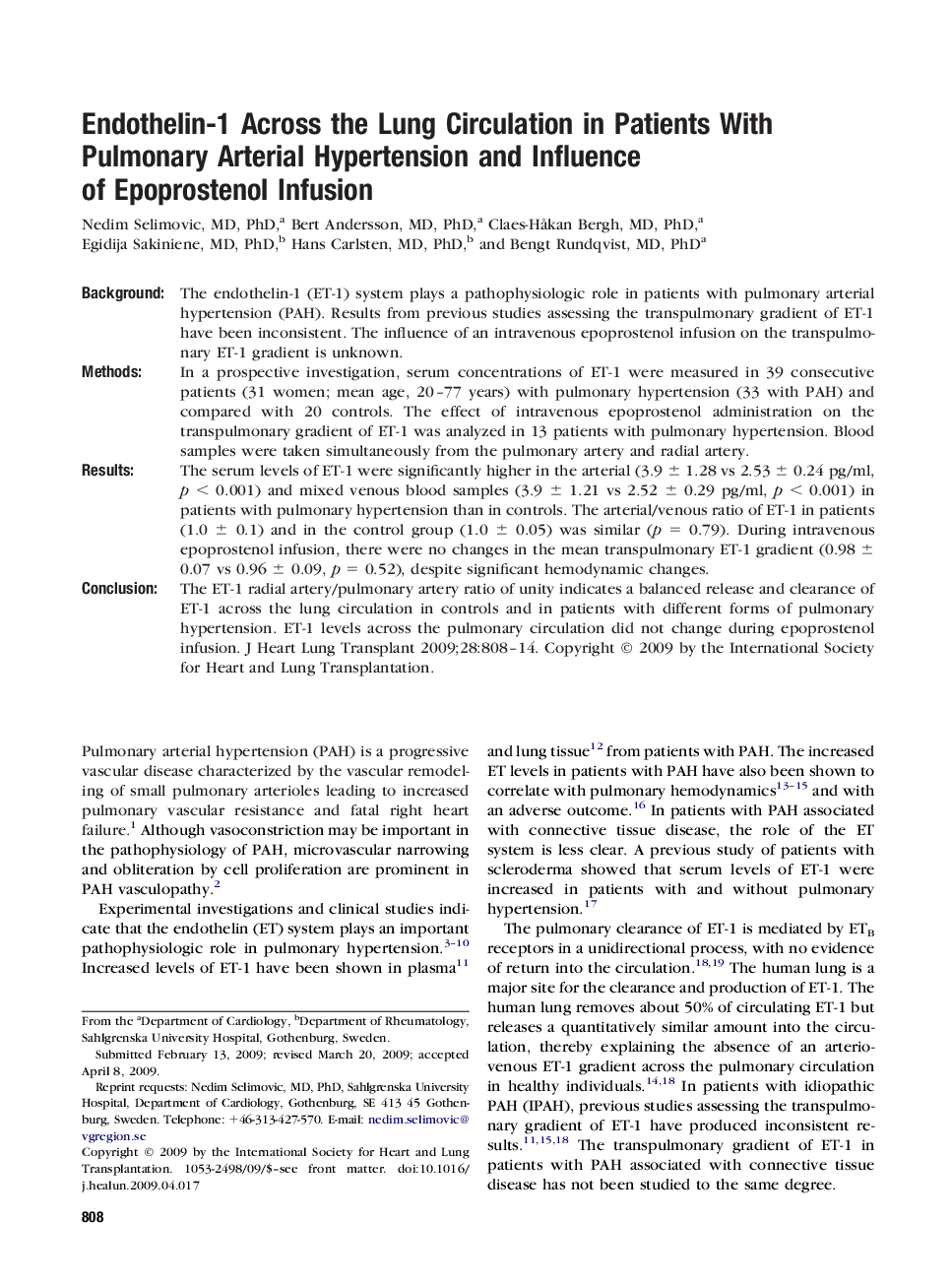 Endothelin-1 Across the Lung Circulation in Patients With Pulmonary Arterial Hypertension and Influence of Epoprostenol Infusion