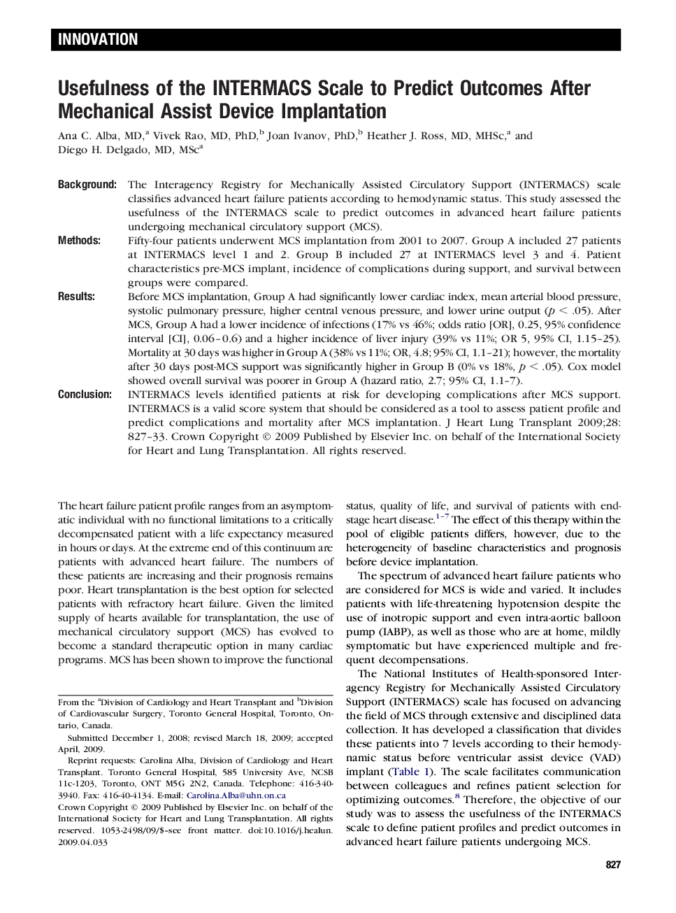Usefulness of the INTERMACS Scale to Predict Outcomes After Mechanical Assist Device Implantation