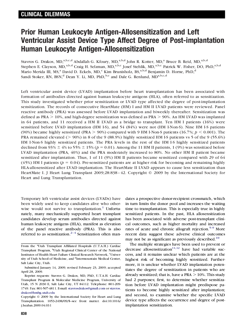 Prior Human Leukocyte Antigen-Allosensitization and Left Ventricular Assist Device Type Affect Degree of Post-implantation Human Leukocyte Antigen-Allosensitization