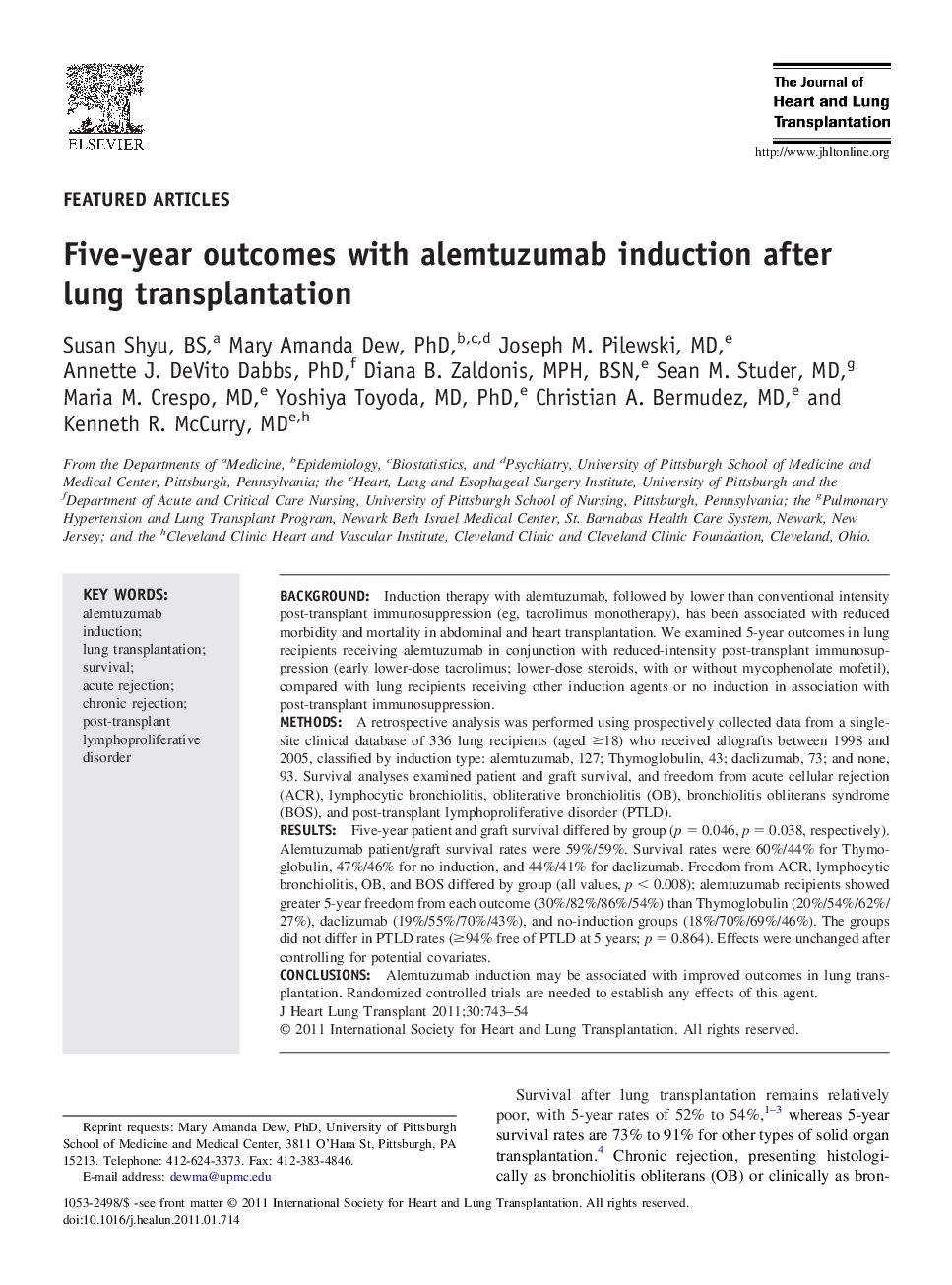 عکس صفحه اول مقاله: Five-year outcomes with alemtuzumab induction after lung transplantation Five-year outcomes with alemtuzumab induction after lung transplantation